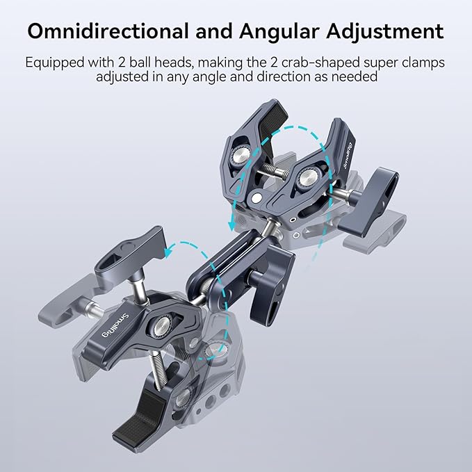 SMALLRIG Double Clamp Mount, Super Clamp Arm, for Chair, Pole, Tripod, C Stand, Handlebar, All Metal Max Load Capacity 3.5kg