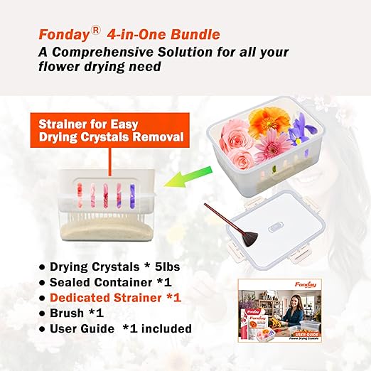 5LBS 4-in-1 Fonday Silica Gel Flower Drying Crystals for Wedding Bouquet Preservation with Sealed Container filterable basket and Brush Color Indicating Reusable Bead Size Less Than 1mm