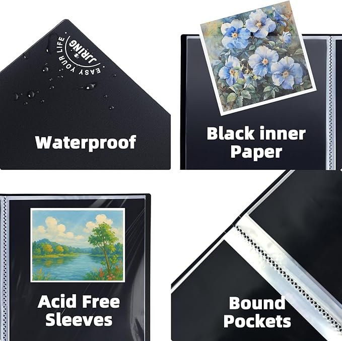JJRING 18x24 Art Portfolio Folder with Plastic Sleeves, 24-Pocket Portfolio Binder Displaying 48 Pages, Presentation Book with Black Inner Paper for Artwork Storage, Black