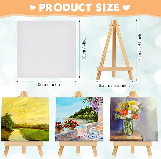 Mimorou 150 Pack 4 x 4 Inch Mini Canvases with Easel Sets for Painting Small Art Stretched Canvases Panels Pack for Kids Classroom Crafts Valentine's Day Painting Gift Easter Crafts