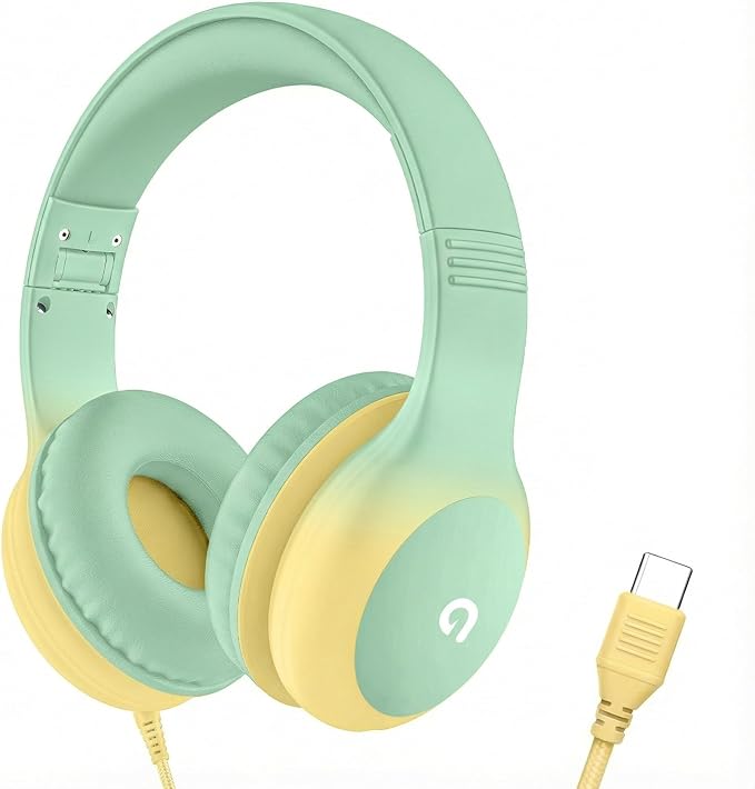 Wired Kids Headphones with USB C Plug, 85dB Safe Volume, Adjustable Headband, Tangle-Free Cord Headphones for School, Tablet, Travel (Mint Green & Cream Yellow, Without Microphone)