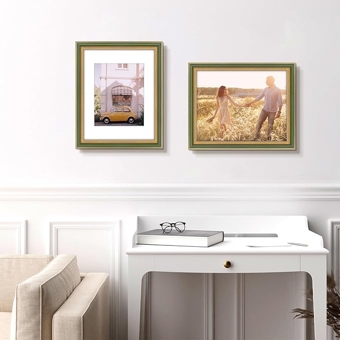 Golden State Art,11x14 Ornate Picture Frame for 8x10 Photo with Mat or 11 x 14 Prints Without Mat, Real Glass Wall Display Horizontally or Vertically (Color:Green Gold)