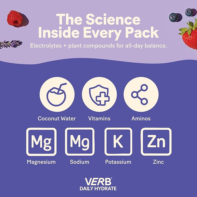 Verb Daily Hydrate Sugar Free Electrolyte Drink Mix - Berry Breeze, Zero Sugar Instant Hydration Packets for Daily Use, Essential Electrolytes Powder for Rehydration, Dehydration Relief, 12 Pack