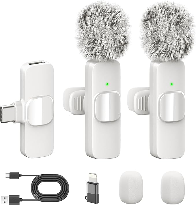 White Wireless Lavalier Microphone for iPhone & Android - Mini Clip-On Mic with Noise Cancellation 2 Pack Lapel Mic Plug and Play Wireless Mic for Video Recording Interview Podcast Vlog YouTube
