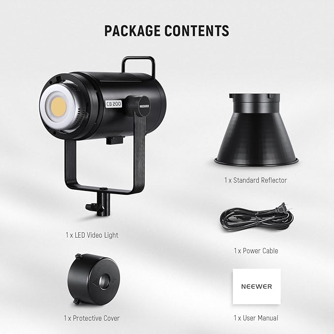 NEEWER CB200 210W LED Video Light with 2.4G/APP Control, 5600K Daylight COB Continuous Output Lighting for Photography with 98500lux/m, CRI97+/TLCI97+, 9 Scenes, PWM Dimming, Bowens Mount