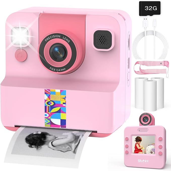 Kids Camera Instant Print, Digital Camera for Kids, 180° Rotating Selfie Lens with 32GB SD Card & 2 Rolls Printing Paper Kids Toy Birthday Gifts for Boys Girls Ages 3-12, Pink