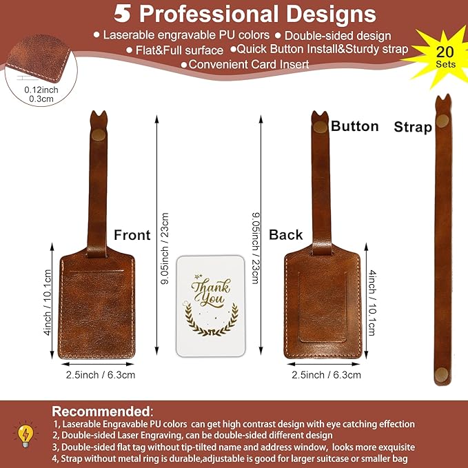 Laser Engraving Brown Luggage Tags Material - 20 Sets Ideal Laserable Engravable Faux PU Leather Gifts - Lasable Leatherette Name ID with Flap Cover for Suitcases Bag Backpack During Trip