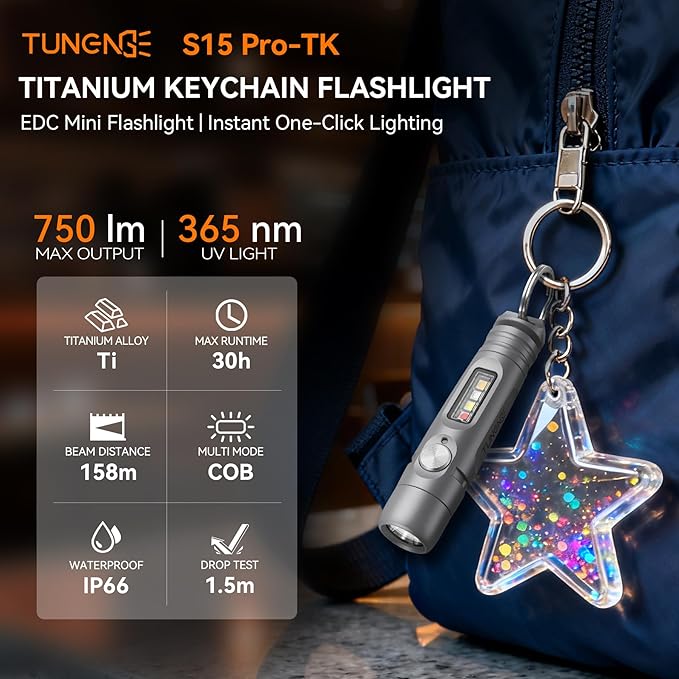 S15PRO-TK Titanium Keychain Flashlight, Mini USB-C Rechargeable Pocket Flashlight, 750 Lumens Small EDC Light with UV & 5 Side Light Mode + Screwdriver for Emergencies, Maintenance, Outdoor