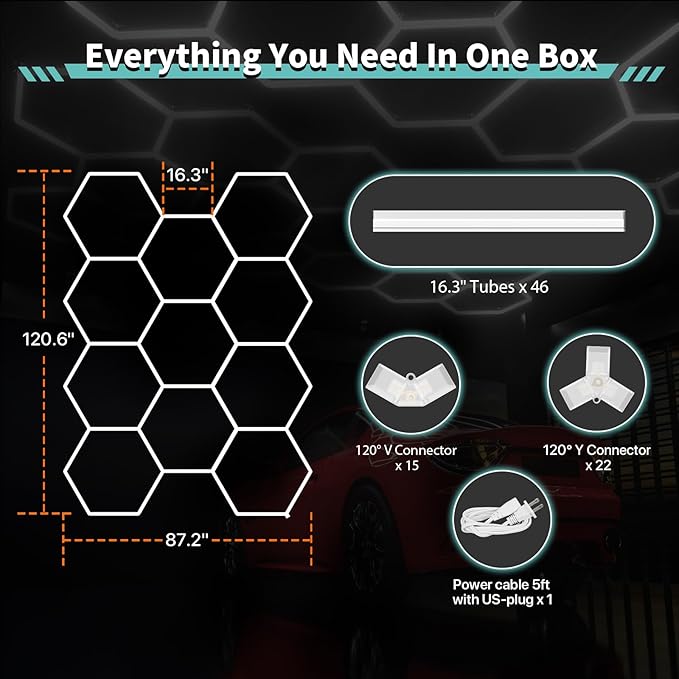 Hexagon Garage Lights: 329W 11 Grids Hexagon LED Lights - Easy Install 6500K Super Bright Honeycomb Lights Ceiling for Garage, Warehouse, Car Detailing Shop, Exhibition Hall, Gym