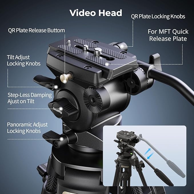 SmallRig AD-50 Heavy Duty Tripod, Carbon Fiber Video Tripod, 64" Lightweight Travel Tripods with Step-Less Damping Fluid Head, Detachable Handle, Lift Rope, Load up to 13.2lb for Camcorder, Cameras