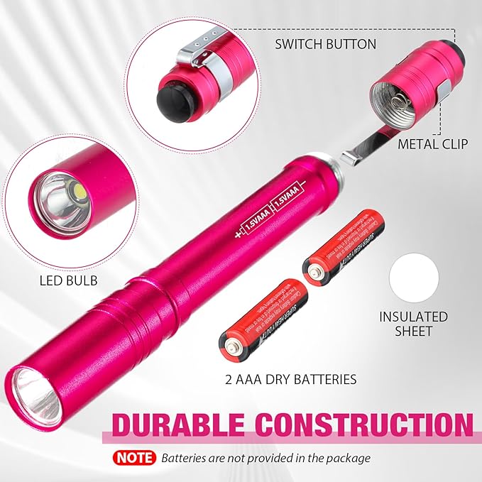 12 Pack LED Penlight Bulk, Pocket Flashlight with Clip, Aluminum Pen Flashlights Mini Pen Light for Nurses Hospital Outdoor Camping Emergency Hiking(Rose Red)