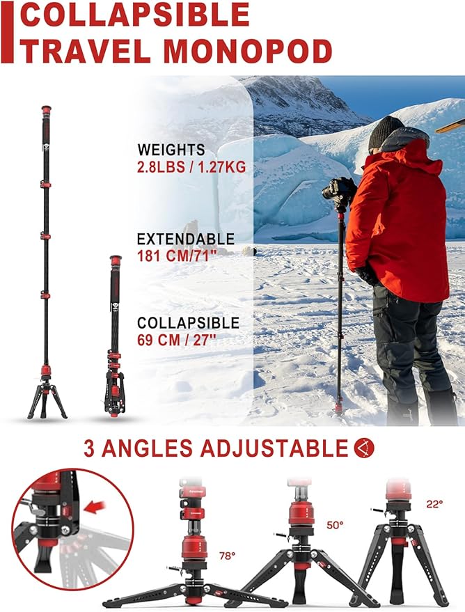 IFOOTAGE Monopod Cobra 3 C180F-P, 71" Monopod for Camera Carbon Fiber Monopod Camera Stand with Feet, Compatible with Sony Canon Nikon DSLR Camera, Payload 17.64Lbs/8KG