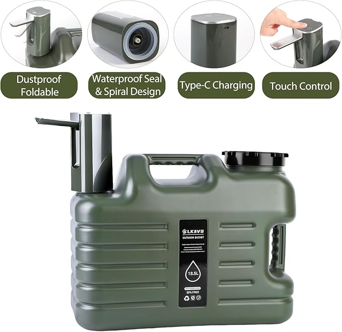 5 Gallon Camping Water Jug with Foldable Auto Pump, BPA-Free Leak-Proof Camping Water Container with Spigot, Type-C Rechargeable, Portable Water Storage Tank for Hiking, Outdoors & Emergency Use
