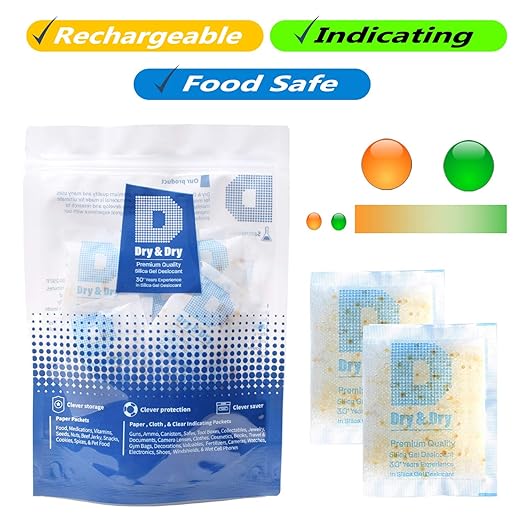 Dry & Dry 20 Gram [30 Packets] Orange Indicating Silica Gel Packets Desiccant - Food Safe Silica Gel Packs, Silica Gel, Desiccant Packs, Moisture Absorbers