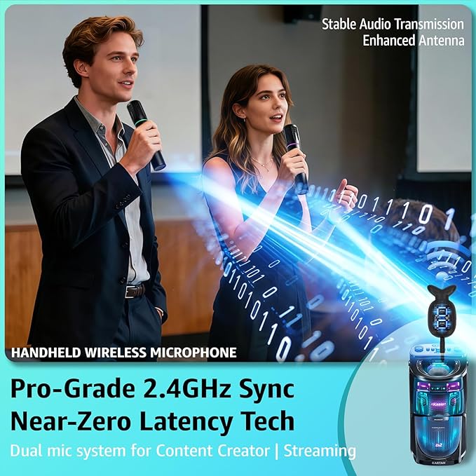 Rechargeable Wireless Microphones & Bluetooth Dual-Mics Receiver for Karaoke, Singing, Speech, DJ, 24H Battery, 200ft, RGB Light, Wireless Microphone Set for Mic/Aux/USB Port (Dual Mic, Black)