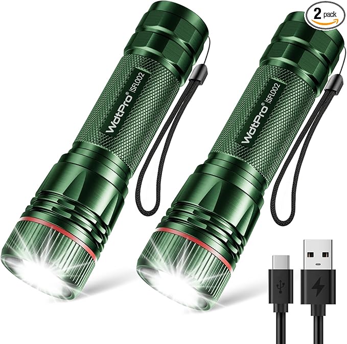 WdtPro Rechargeable Flashlights High Lumens, 2 Pack 10H Long Lasting Super Bright EDC Flashlight, LED Mini Tactical Flash Lights for Camping Emergency, Drop & Water Resistant Green(Battery Included)