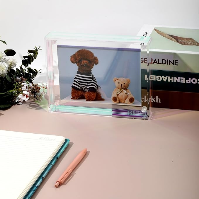 Gelite Acrylic A4 Frame to Display A4 Pictures or Smaller Mat-free Neon Floating Photo Frame for Wall and Tabletop, Iridescent Rainbow