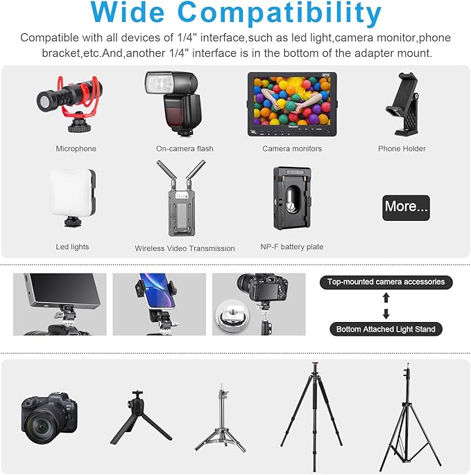 FOMITO Metal Camera Monitor Mount with 1/4" Serew and Cold Shoe, Rotary Adapter 360° Swivel Universal for Flash Speedlite, Field Monitor, LED Video Light, Microphone,etc- Gray Color