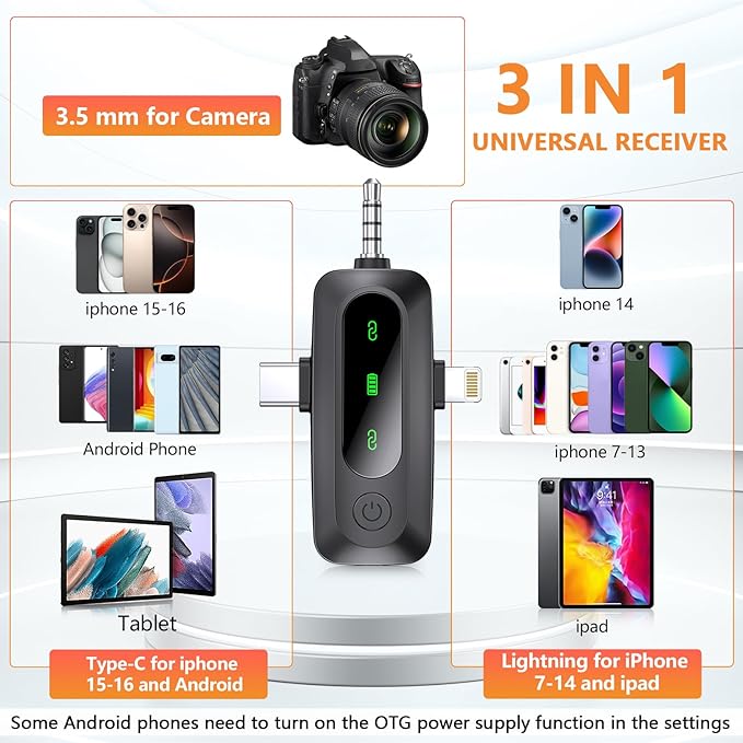 3 in 1 Wireless Lavalier Microphone for iPhone, iPad, Android, Camera, 2 Pack Professional Mini Microphone LED Display Clip on Mic with Noise Reduction for Video Recording TikTok YouTube Vlog