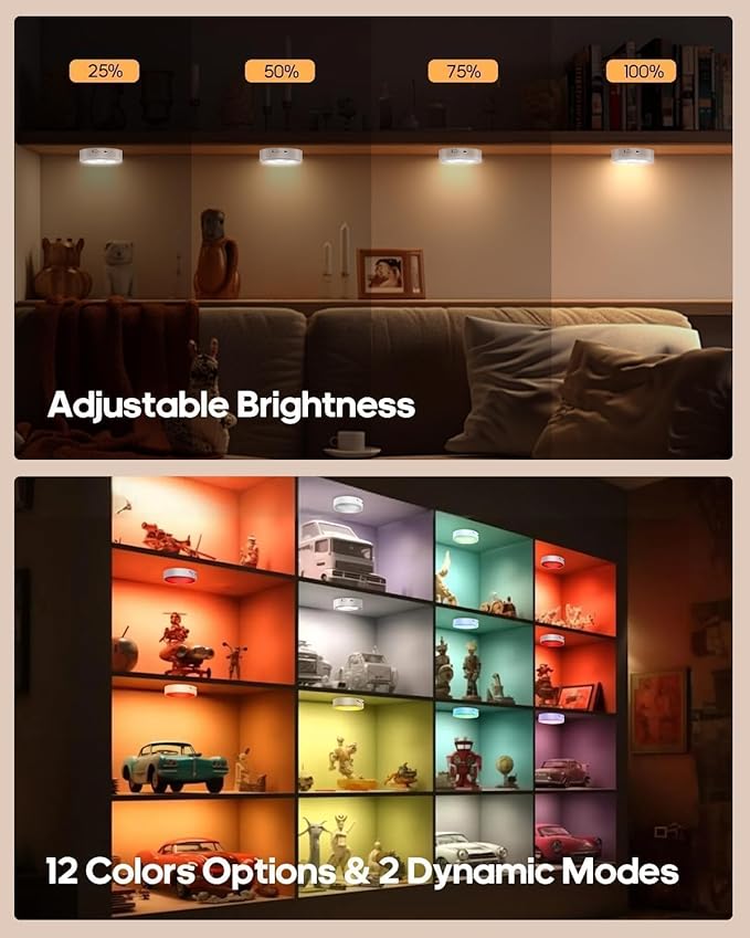 Puck Lights with Remote, 13 RGB Colors LED Under Cabinet Lights, Rechargeable Baterry Operated Under Cabinet Lighting Tap Lights, Stick on Lights with Dimmer and Timer（3 Pack）