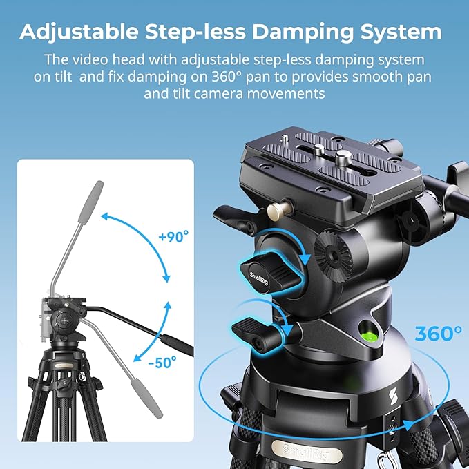 SmallRig AD-50 Heavy Duty Tripod, Carbon Fiber Video Tripod, 64" Lightweight Travel Tripods with Step-Less Damping Fluid Head, Detachable Handle, Lift Rope, Load up to 13.2lb for Camcorder, Cameras
