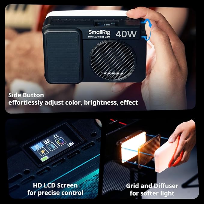 SmallRig RM 40C Mini LED RGB Video Light, 4800mAh Battery, LCD Display, Portable Camera Light for Tiktok Youtube Content Creators Photographer Gifts, 2500K-10000K CRI 96 TLCI 99, Magnetic Mount - 5359