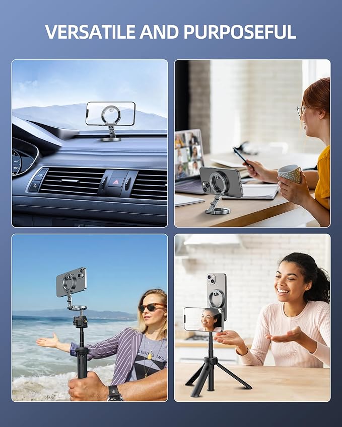 Double Magnetic Ring Phone Holder,Gym Magnetic Stand,Tripod Phone Mount with 1/4" Screw Compatible with iPhone 16/15/14/13/12 Pro Max Series & MagSafe Cases,Travel, Car, Gym,Refrigerator