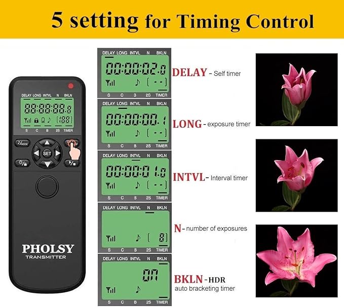 PHOLSY Wireless Timer Remote Release Control with Intervalometer and HDR for Panasonic S5, S1H, S1R, S1M, S1, G95, G91, G90, G9, FZ1000 II, G80, G81, G85, GH5, GH6, G95, G7, GH7, GX8, G6, G5