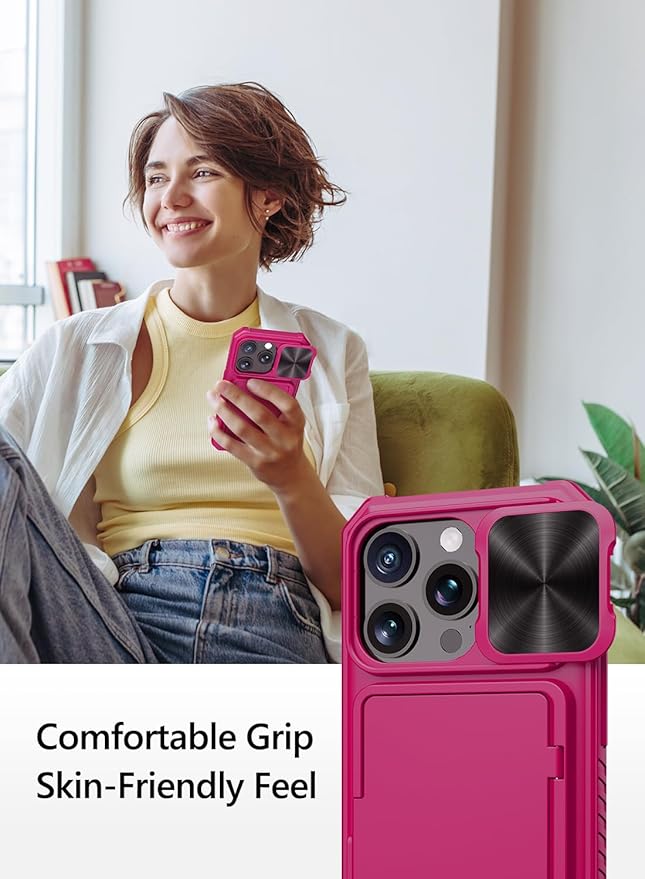 Vihibii for iPhone 15 Pro Case with Card Holder (4 Cards) & Slide Camera Cover & Kickstand, Shockproof Rugged Hard Back & TPU Soft Edge Wallet Phone Case for iPhone 15 Pro 5G 6.1" 2023 (Pink)