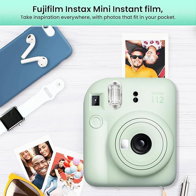 Fujifilm Instant Mini 12 Camera + Accessory Bundle & Custom Case + Fuji Instant (20 Shots) Designer Mini Photo Album (60 Pockets) (Mint Green)