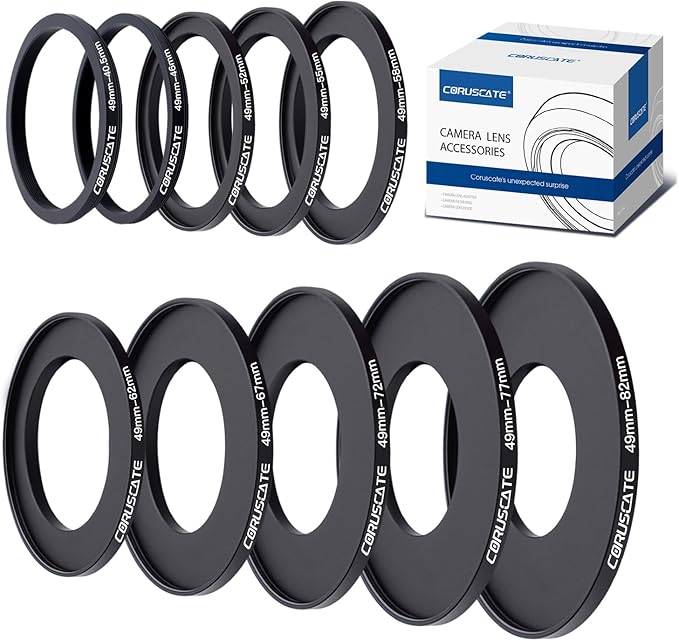 10Pcs Filter Ring Adapter Set,Lens Filter Step-Up Ring for All Brands UV ND CPL (49-40.5mm,49-46mm,49-52mm,49-55mm,49-58mm,49-62mm,49-67mm,49-72mm,49-77mm,49-82mm)