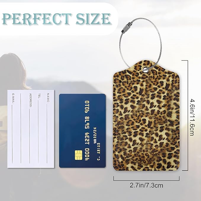 Luggage Tags for Suitcase,2 Pack Leopard Luggage Tag Wild Animal Skin Print PU Leather Privacy Cover ID Label with Stainless Steel Loop for Women Men Teens Travel