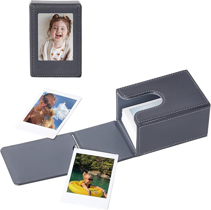 CAIYOULE Photo Holder Storage Case for Fujifilm Instax Mini Film 41/12/11/90/9/8/7/7+/EVO/SE, PU Leather Picture Holder for Polaroid with Pocket Outside, 2.5x3.7 Protective Case Hold 50+ Photos, Grey