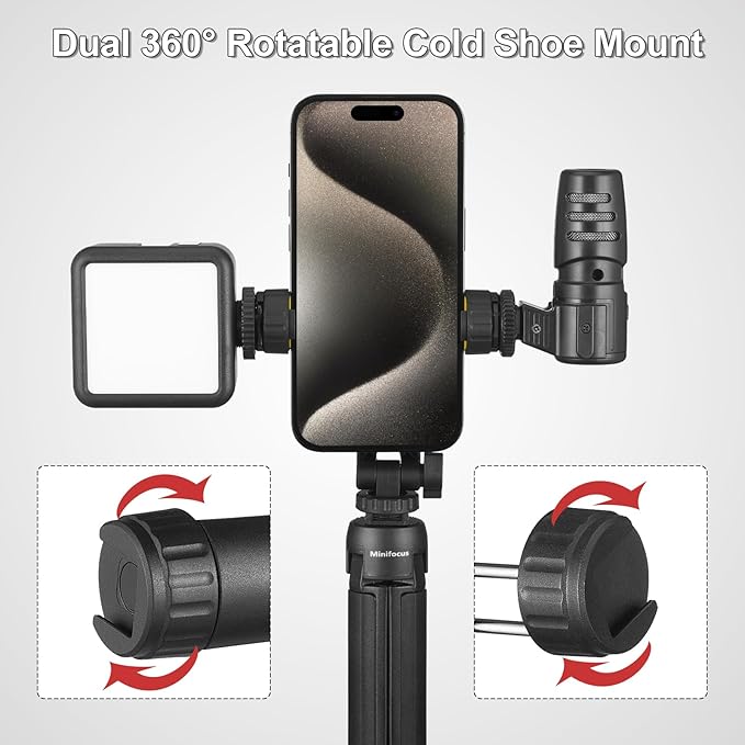 Phone Tripod Mount, Universal Tripod Phone Holder with 2 Cold Shoe and 1/4" Screw, 360° Rotates and 180° Tilts Adjustable Cell Phone Mount Adapter, Camera Phone Clamp for iPhone & All Phones