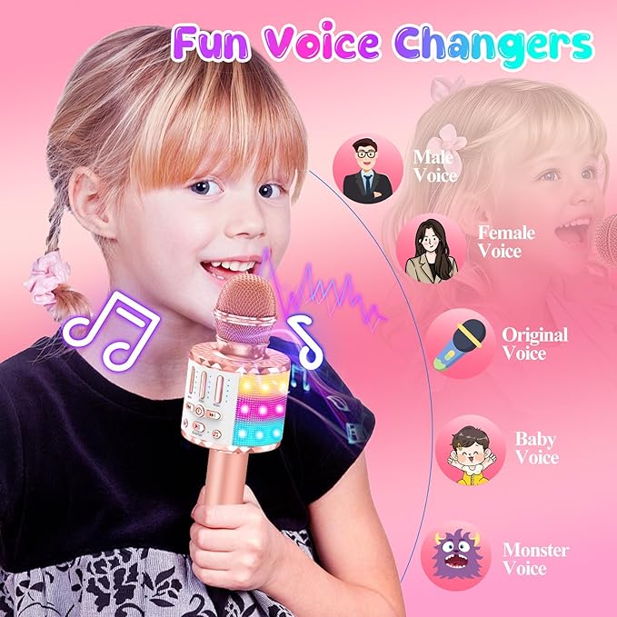 Karaoke Microphone Toys for Kids, Wireless Bluetooth Mic with Lights & Speaker, Portable Home KTV Player System, Perfect Birthday Party for 3-12 Year Old Boys & Girls