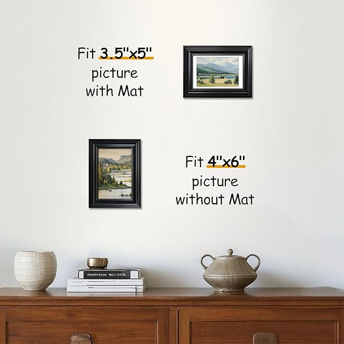 VIOLABBEY 4x6 Picture Frame Black, Vintage Photo Frames, Fits Pictures 3.5x5 with Mat or 4 x 6 without Mat, Display for Tabletop and Wall