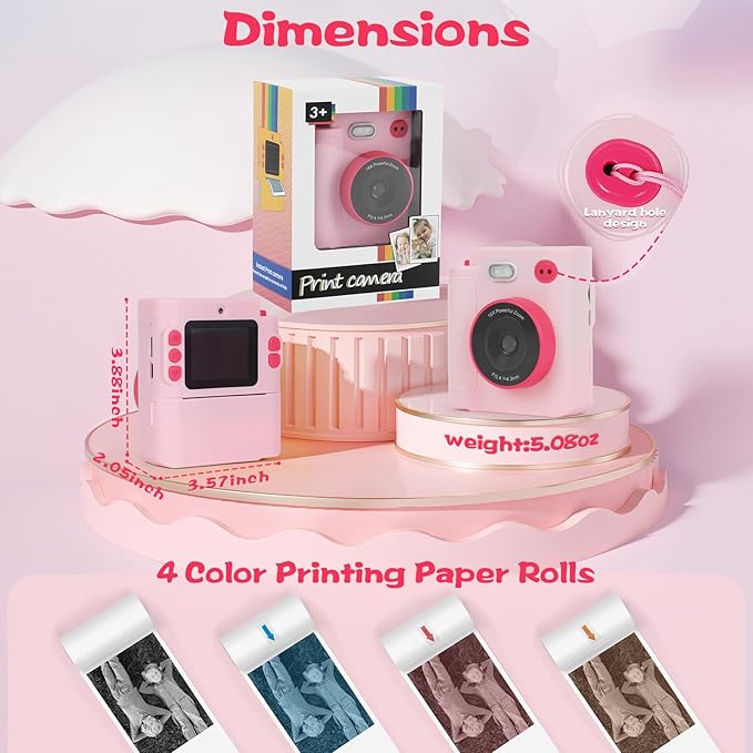 Kids Camera Instant Print, 1080P HD Dual-Lens Selfie Digital Camera with 5 Printing Paper Rolls & 32G TF Card, for Children, Portable Toddler Toy for Age 3-12 Boys & Girls (Pink)