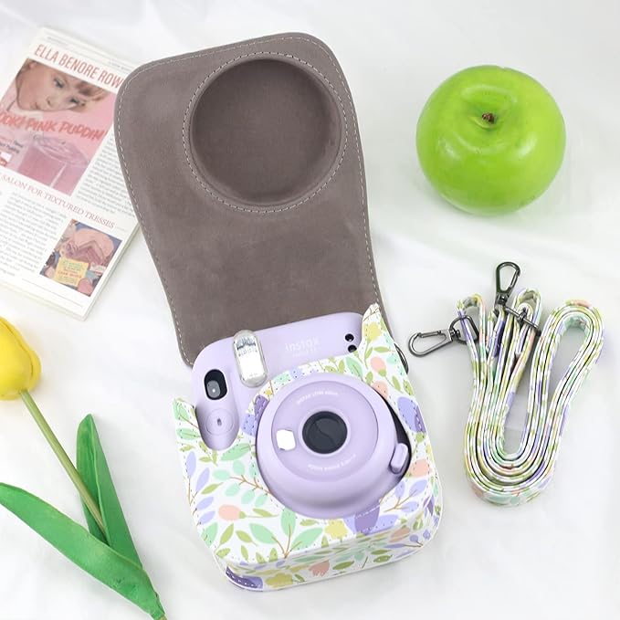 Frankmate PU Leather Camera Case Compatible with Fujifilm Instax Mini 11 12 Instant Camera with Adjustable Strap and Pocket (Flowers Green)