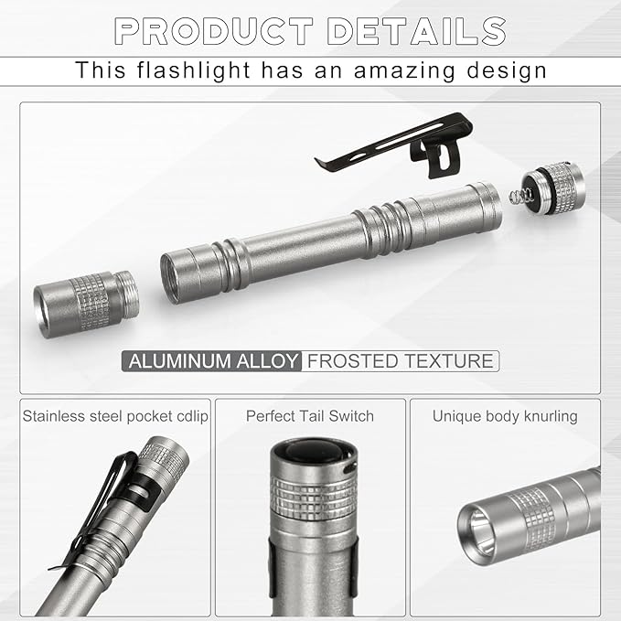 Hortsun 20 Pcs Mini Pen Light Flashlights Christmas Gifts for Men Pocket Flashlights Pen with Clip Small LED Handheld Slim Torches Without Battery(5.12 Inch,Gray)