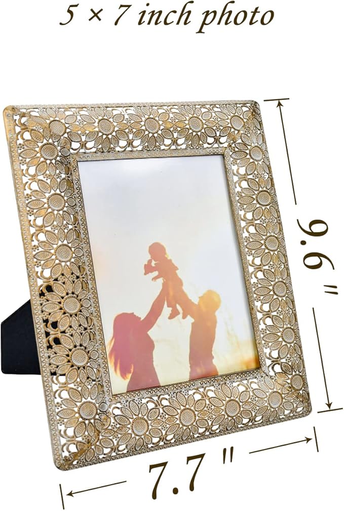 OKSQW Vintage Sunflower 5 x 7 Gold Picture Frame Table Top Display Retro Antique Picture Frames with HD Glass Front, Great Gift Metal Photo Frames for Wedding Baby Family Portraits Home Office Decor