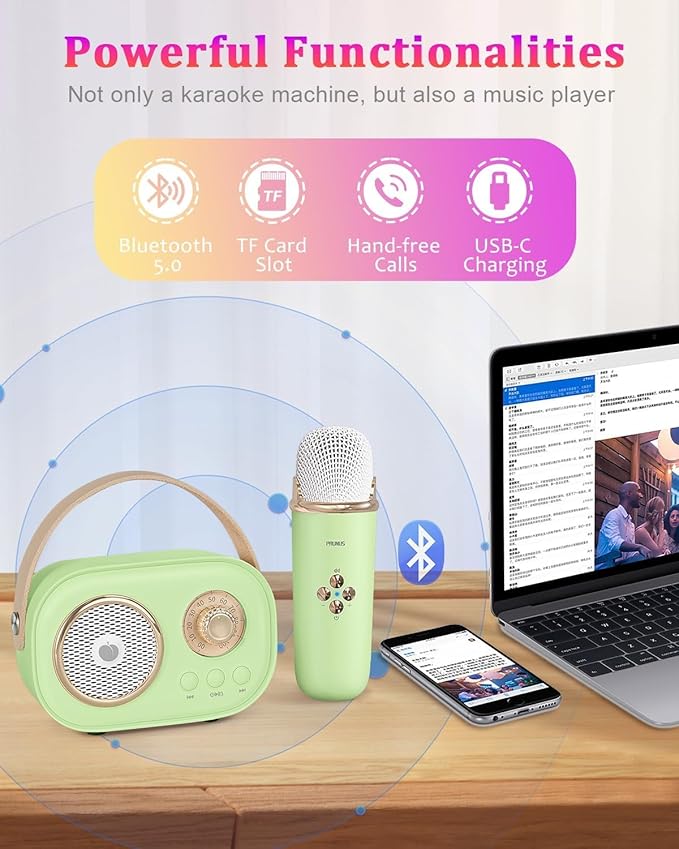 PRUNUS C20 Mini Karaoke Machine,Valentines Day Gifts for Her Him Kids Mens,Portable Bluetooth Speaker with 2 Wireless Microphone for Boys Girls 3-12+ Years Old Birthday Party Green