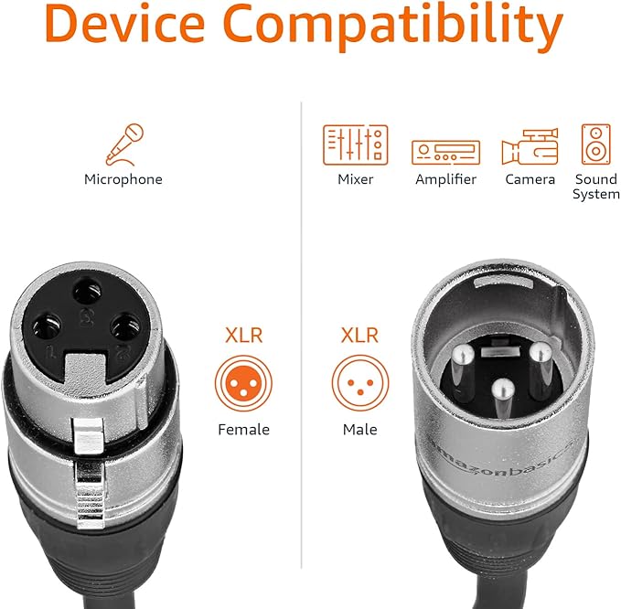 Amazon Basics XLR Male to Female Microphone Cable for Speaker or PA System, Recording Studio, All Copper Conductors, Low Noise Shielding, 6MM PVC Jacket, 6 Foot, Black