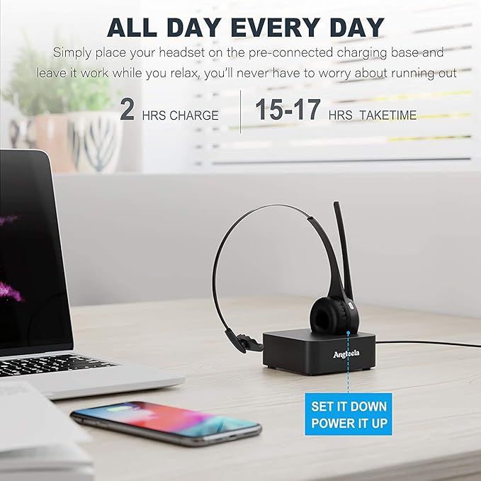 Trucker Bluetooth Headset with Microphone, Wireless Cell Phone Headset with Noise Canceling Mic Charging Base Mute Function for Home Office Call Center Skype (Black&Silver)