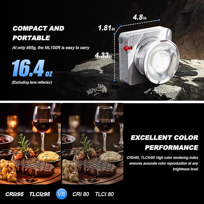 Godox ML100R RGB COB LED Video Light, 110W Full-Color Lamp with Battery & Carry Case, Godox Mount, 1800K-10000K, CRI 97+/TLCI 98+, 14 FX Effects, APP Control for Studio/Streaming/Outdoor Photography