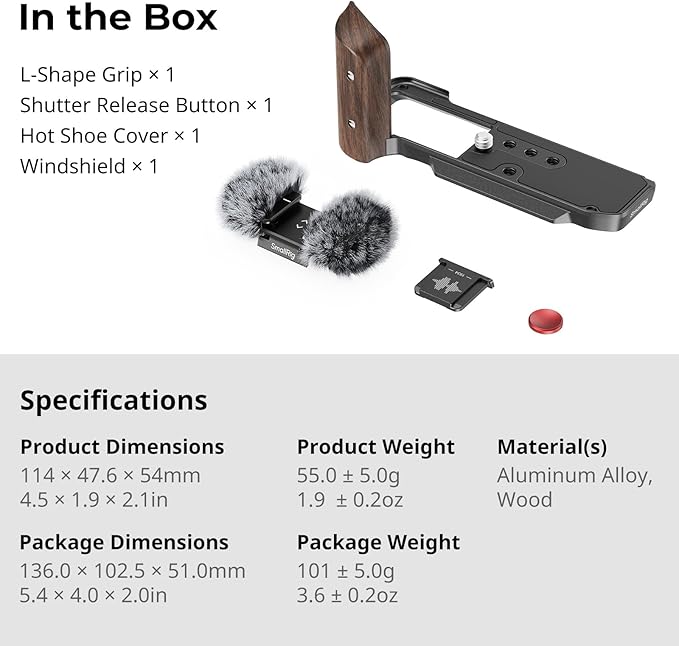 SMALLRIG X-M5 Wooden Handgrip L-Shape Grip for FUJIFILM X-M5, Built-in Quick Release Plate for Arca, Ergonomic Wood Side Handle, Include Windshield with Cold Shoe Adapter,Plate for Arca (Black) - 5260