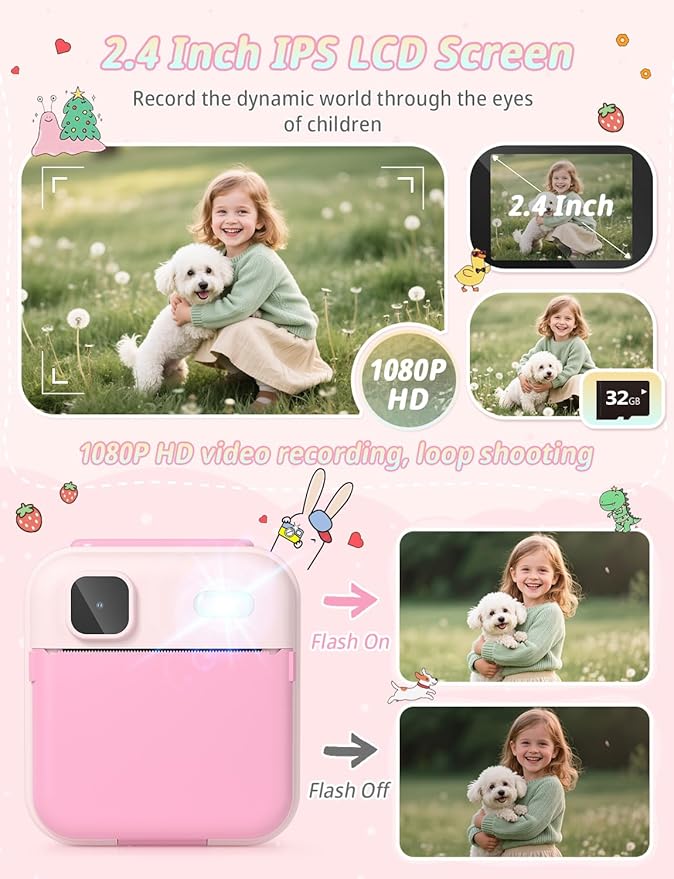 Kids Camera Instant Print, 1080P HD Digital Video Kids Instant Camera for Girl Boys, Toddler Toys for Children Age 3-12 with 3 Rolls Print Paper & 32G Card (Pink)