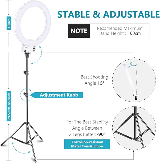 NEEWER 18 Inch Ring Light with Tripod Stand, 55W Large LED Ringlight, Cold Shoe Phone Holder Compatible with iPhone Camera for Video Recording Photography Streaming Selfie Makeup Studio Photo, RL-18