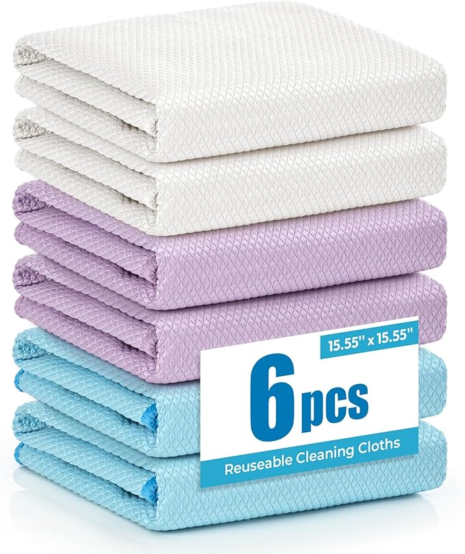 Glass Cleaning Cloth - 6 Pack Lint Free Stainless Window Cleaning Cloth,15.55” x 15.55” Microfiber Cleaning Cloth,Glass Towels for Polising Mirrors Stainless Steel Surface (White Purple Blue)
