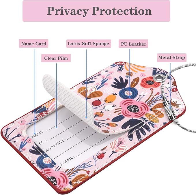 (Set of 2) Luggage Tag Leather Privacy Cover ID Label Address Card with Stainless Steel Loop, Travel Bag Tags Suitcase Labels, Pink Flowers