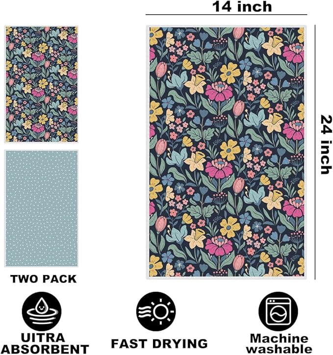 2Pcs Retro Flower Kitchen Towels 24x14 Inch, Dots Seamless Pattern Waffle Hand Towels for Kitchen Home Decor, Absorbent Microfiber Dish Cloth Tea Towel, Housewarming Gifts for Women Mom Grandma